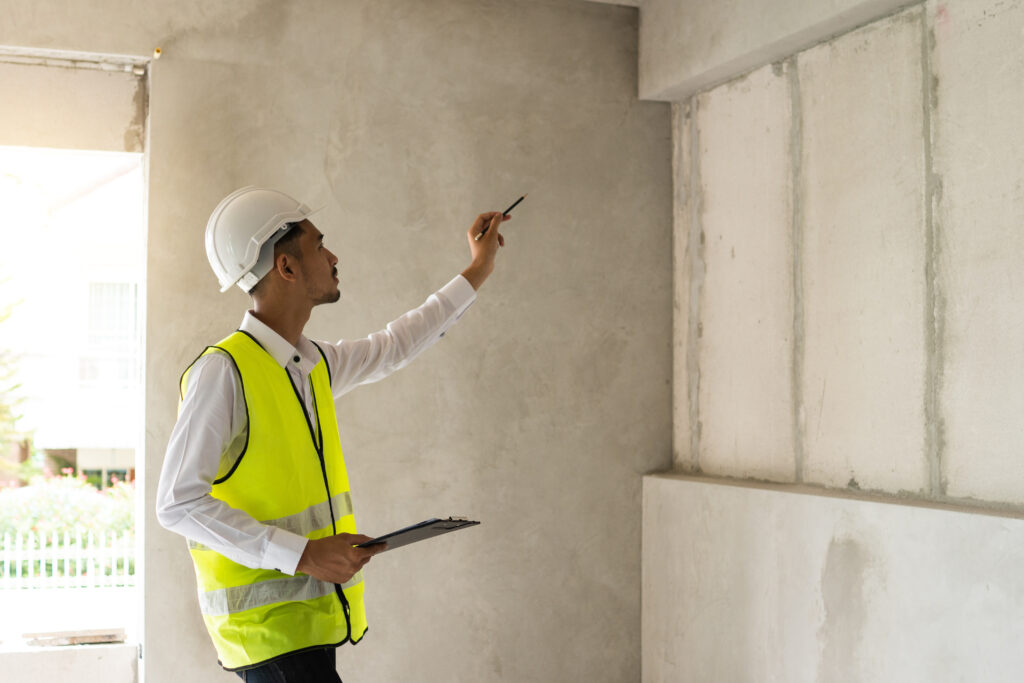 Inspector in a hard hat and high-visibility vest checking an unfinished interior wall with a clipboard.